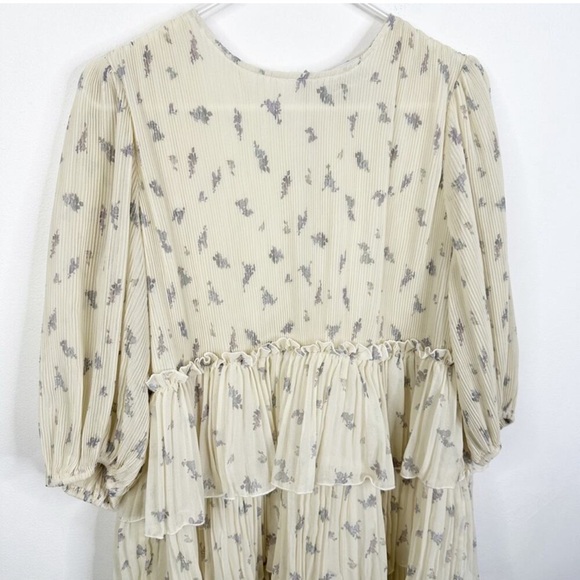 GANNI Size 40/ US Large Floral Print Pleated Georgette Babydoll Mini Dress - Picture 8 of 10